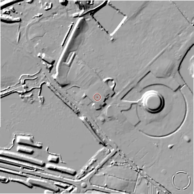 Shaded relief map of the ground around DE137AR, computed from Environment Agency LiDAR. The ground here sits at about 54 m above sea level and falls 13 m across the surrounding 800 m. The ground contributing surface water to this point lies to the south-south-east.