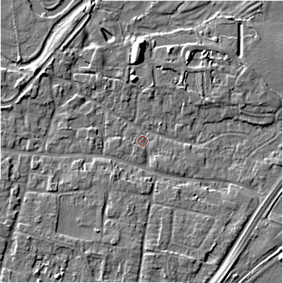 Shaded relief map of the ground around DE137AS, computed from Environment Agency LiDAR. The ground here sits at about 53 m above sea level and falls 8 m across the surrounding 800 m. Surface water reaching this point runs off ground lying to the north, 6.4 m higher.
