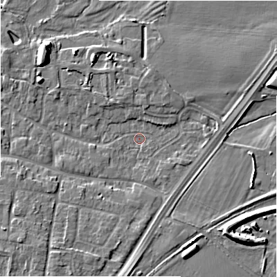 Shaded relief map of the ground around DE137AT, computed from Environment Agency LiDAR. The ground here sits at about 53 m above sea level and falls 9 m across the surrounding 800 m. Surface water reaching this point runs off ground lying to the south-west, 3.6 m higher.