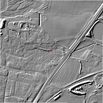 Shaded relief map of the ground around DE137AU, computed from Environment Agency LiDAR. The ground here sits at about 52 m above sea level and falls 9 m across the surrounding 800 m. Surface water reaching this point runs off ground lying to the south-west, 3.6 m higher.