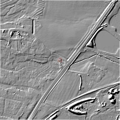 Shaded relief map of the ground around DE137AW, computed from Environment Agency LiDAR. The ground here sits at about 53 m above sea level and falls 15 m across the surrounding 800 m. Surface water reaching this point runs off ground lying to the south-south-west, 3.0 m higher.