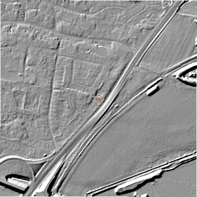 Shaded relief map of the ground around DE137AX, computed from Environment Agency LiDAR. The ground here sits at about 54 m above sea level and falls 11 m across the surrounding 800 m. Surface water reaching this point runs off ground lying to the west-south-west, 2.1 m higher.