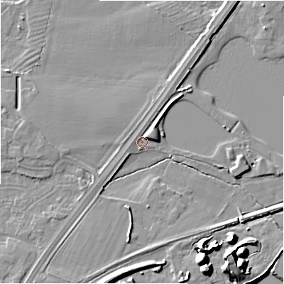 Shaded relief map of the ground around DE137BA, computed from Environment Agency LiDAR. The ground here sits at about 52 m above sea level and falls 17 m across the surrounding 800 m. Surface water reaching this point runs off ground lying to the north-east, 3.7 m higher.