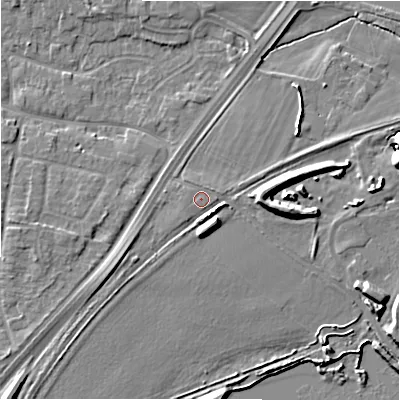 Shaded relief map of the ground around DE137BD, computed from Environment Agency LiDAR. The ground here sits at about 54 m above sea level and falls 13 m across the surrounding 800 m. Surface water reaching this point runs off ground lying to the south-east, 2.4 m higher.