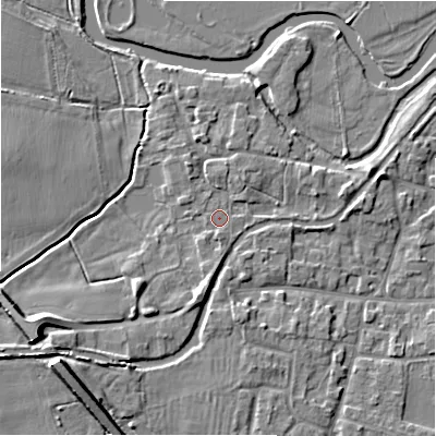 Shaded relief map of the ground around DE137BX, computed from Environment Agency LiDAR. The ground here sits at about 55 m above sea level and falls 8 m across the surrounding 800 m. Surface water reaching this point runs off ground lying to the south, 1.4 m higher.