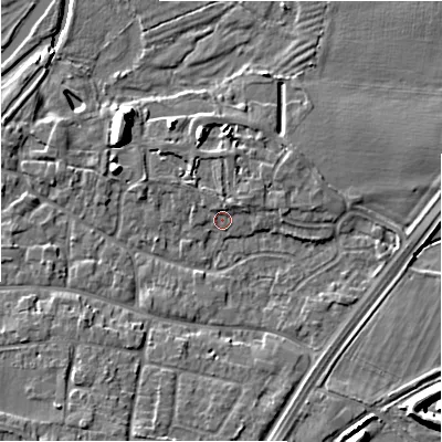 Shaded relief map of the ground around DE137DR, computed from Environment Agency LiDAR. The ground here sits at about 53 m above sea level and falls 8 m across the surrounding 800 m. Surface water reaching this point runs off ground lying to the north-east, 1.3 m higher.