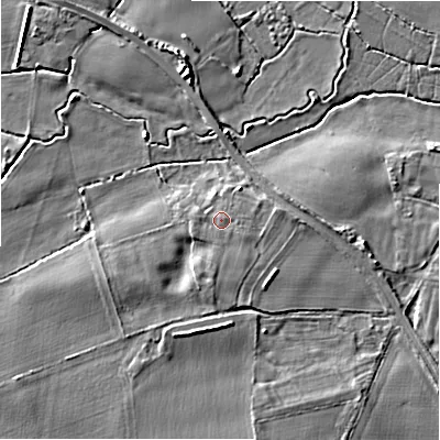 Shaded relief map of the ground around DE137DY, computed from Environment Agency LiDAR. The ground here sits at about 59 m above sea level and falls 5 m across the surrounding 800 m. Surface water reaching this point runs off ground lying to the south, 0.7 m higher.