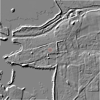 Shaded relief map of the ground around DE137JA, computed from Environment Agency LiDAR. The ground here sits at about 62 m above sea level and falls 6 m across the surrounding 800 m. Surface water reaching this point runs off ground lying to the east-south-east, 0.6 m higher.