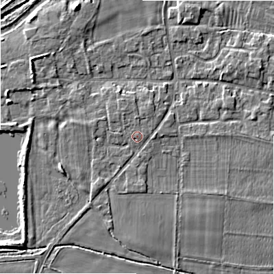Shaded relief map of the ground around DE137JE, computed from Environment Agency LiDAR. The ground here sits at about 62 m above sea level and falls 5 m across the surrounding 800 m. Surface water reaching this point runs off ground lying to the north, 0.5 m higher.