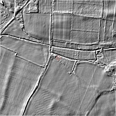 Shaded relief map of the ground around DE137JF, computed from Environment Agency LiDAR. The ground here sits at about 61 m above sea level and falls 4 m across the surrounding 800 m. Surface water reaching this point runs off ground lying to the south-south-west, 3.5 m higher.