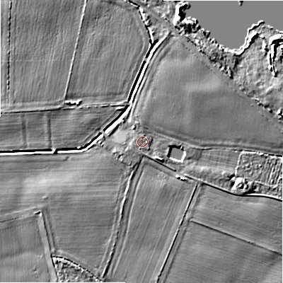 Shaded relief map of the ground around DE137JG, computed from Environment Agency LiDAR. The ground here sits at about 63 m above sea level and falls 6 m across the surrounding 800 m. The ground contributing surface water to this point lies to the south-south-west.