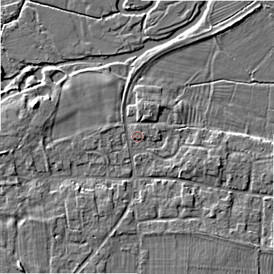 Shaded relief map of the ground around DE137JJ, computed from Environment Agency LiDAR. The ground here sits at about 61 m above sea level and falls 6 m across the surrounding 800 m. Surface water reaching this point runs off ground lying to the north, 0.7 m higher.