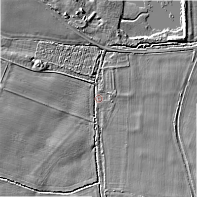Shaded relief map of the ground around DE137JQ, computed from Environment Agency LiDAR. The ground here sits at about 62 m above sea level and falls 5 m across the surrounding 800 m. Surface water reaching this point runs off ground lying to the south-south-east, 2.2 m higher.