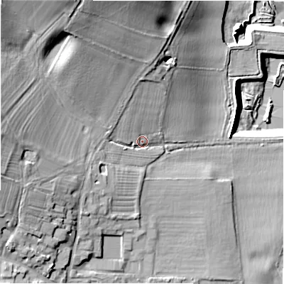 Shaded relief map of the ground around DE138BA, computed from Environment Agency LiDAR. The ground here sits at about 56 m above sea level and falls 29 m across the surrounding 800 m. Surface water reaching this point runs off ground lying to the north-north-west, 18.2 m higher.
