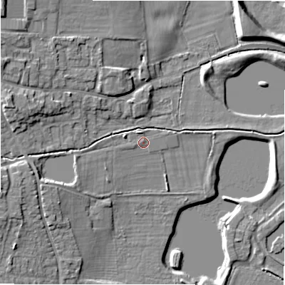 Shaded relief map of the ground around DE138BB, computed from Environment Agency LiDAR. The ground here sits at about 52 m above sea level and falls 13 m across the surrounding 800 m. Surface water reaching this point runs off ground lying to the west-south-west, 2.1 m higher.