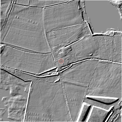 Shaded relief map of the ground around DE138BD, computed from Environment Agency LiDAR. The ground here sits at about 50 m above sea level and falls 7 m across the surrounding 800 m. Surface water reaching this point runs off ground lying to the north, 0.7 m higher.