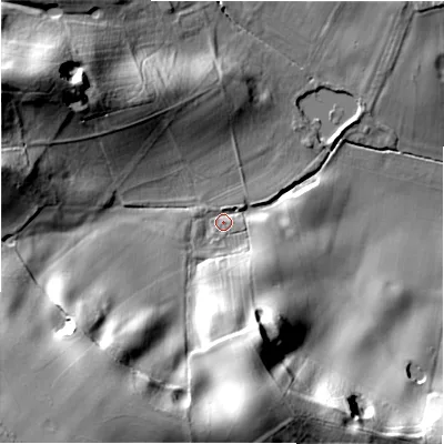 Shaded relief map of the ground around DE138BH, computed from Environment Agency LiDAR. The ground here sits at about 68 m above sea level and falls 43 m across the surrounding 800 m. Surface water reaching this point runs off ground lying to the south-south-west, 34.0 m higher.