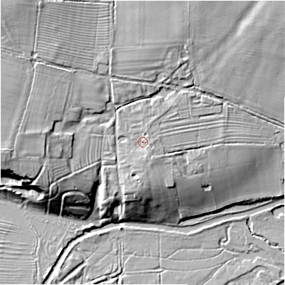 Shaded relief map of the ground around DE138BY, computed from Environment Agency LiDAR. The ground here sits at about 62 m above sea level and falls 18 m across the surrounding 800 m. Surface water reaching this point runs off ground lying to the south, 1.2 m higher.