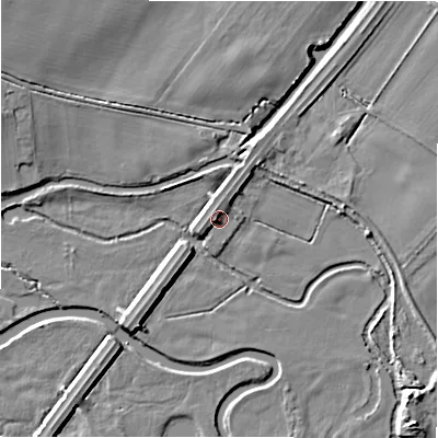 Shaded relief map of the ground around DE138BZ, computed from Environment Agency LiDAR. The ground here sits at about 53 m above sea level and falls 8 m across the surrounding 800 m. Surface water reaching this point runs off ground lying to the north-west, 2.2 m higher.