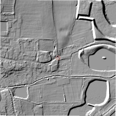 Shaded relief map of the ground around DE138DS, computed from Environment Agency LiDAR. The ground here sits at about 52 m above sea level and falls 15 m across the surrounding 800 m. Surface water reaching this point runs off ground lying to the west-north-west, 4.8 m higher.