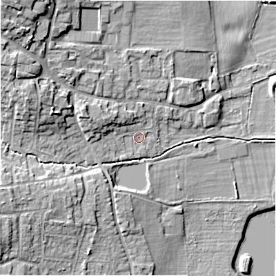 Shaded relief map of the ground around DE138DT, computed from Environment Agency LiDAR. The ground here sits at about 53 m above sea level and falls 16 m across the surrounding 800 m. Surface water reaching this point runs off ground lying to the west-north-west, 4.2 m higher.