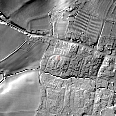 Shaded relief map of the ground around DE138DW, computed from Environment Agency LiDAR. The ground here sits at about 65 m above sea level and falls 25 m across the surrounding 800 m. Surface water reaching this point runs off ground lying to the east, 1.5 m higher.