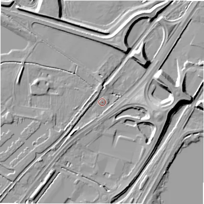 Shaded relief map of the ground around DE138EA, computed from Environment Agency LiDAR. The ground here sits at about 50 m above sea level and falls 11 m across the surrounding 800 m. Surface water reaching this point runs off ground lying to the east-north-east, 9.1 m higher.