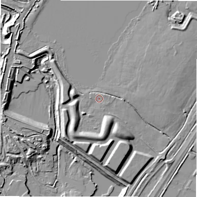 Shaded relief map of the ground around DE138EE, computed from Environment Agency LiDAR. The ground here sits at about 50 m above sea level and falls 13 m across the surrounding 800 m. Surface water reaching this point runs off ground lying to the south-south-east, 6.5 m higher.