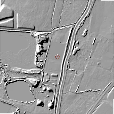 Shaded relief map of the ground around DE138EG, computed from Environment Agency LiDAR. The ground here sits at about 48 m above sea level and falls 17 m across the surrounding 800 m. Surface water reaching this point runs off ground lying to the south-west, 12.0 m higher.