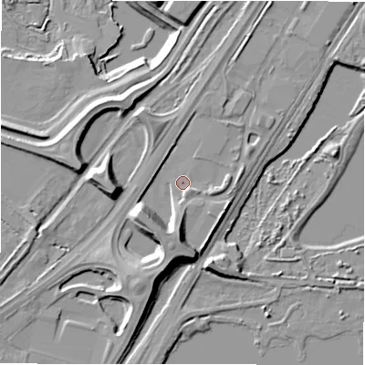 Shaded relief map of the ground around DE138EJ, computed from Environment Agency LiDAR. The ground here sits at about 49 m above sea level and falls 15 m across the surrounding 800 m. Surface water reaching this point runs off ground lying to the south-west, 9.3 m higher.