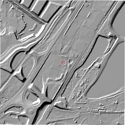 Shaded relief map of the ground around DE138EN, computed from Environment Agency LiDAR. The ground here sits at about 50 m above sea level and falls 15 m across the surrounding 800 m. Surface water reaching this point runs off ground lying to the south-west, 9.3 m higher.