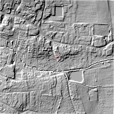 Shaded relief map of the ground around DE138ET, computed from Environment Agency LiDAR. The ground here sits at about 56 m above sea level and falls 17 m across the surrounding 800 m. Surface water reaching this point runs off ground lying to the west-north-west, 5.4 m higher.
