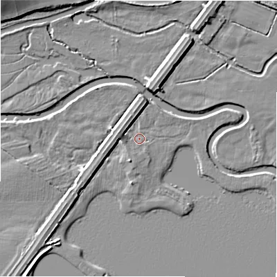 Shaded relief map of the ground around DE138FH, computed from Environment Agency LiDAR. The ground here sits at about 52 m above sea level and falls 8 m across the surrounding 800 m. Surface water reaching this point runs off ground lying to the north, 3.5 m higher.