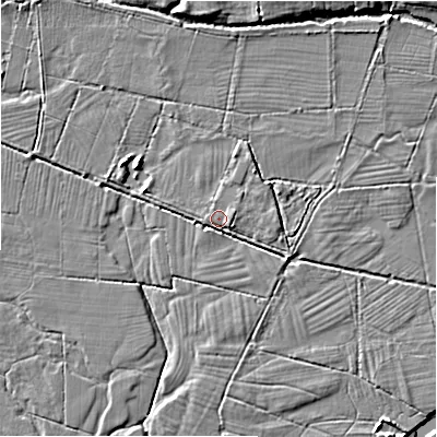 Shaded relief map of the ground around DE138FJ, computed from Environment Agency LiDAR. The ground here sits at about 57 m above sea level and falls 5 m across the surrounding 800 m. Surface water reaching this point runs off ground lying to the east-south-east, 1.8 m higher.