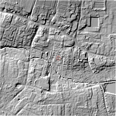 Shaded relief map of the ground around DE138HU, computed from Environment Agency LiDAR. The ground here sits at about 58 m above sea level and falls 18 m across the surrounding 800 m. Surface water reaching this point runs off ground lying to the north-east, 3.4 m higher.