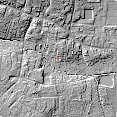 Shaded relief map of the ground around DE138HX, computed from Environment Agency LiDAR. The ground here sits at about 57 m above sea level and falls 17 m across the surrounding 800 m. Surface water reaching this point runs off ground lying to the north-north-east, 4.0 m higher.