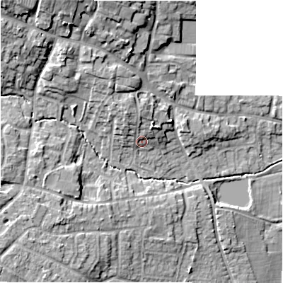 Shaded relief map of the ground around DE138HY, computed from Environment Agency LiDAR. The ground here sits at about 57 m above sea level and falls 18 m across the surrounding 800 m. Surface water reaching this point runs off ground lying to the north-north-west, 4.3 m higher.