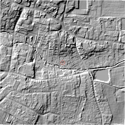 Shaded relief map of the ground around DE138HZ, computed from Environment Agency LiDAR. The ground here sits at about 55 m above sea level and falls 16 m across the surrounding 800 m. Surface water reaching this point runs off ground lying to the north-west, 11.1 m higher.