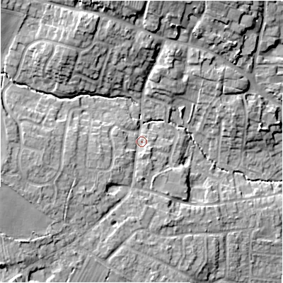 Shaded relief map of the ground around DE138JG, computed from Environment Agency LiDAR. The ground here sits at about 60 m above sea level and falls 15 m across the surrounding 800 m. Surface water reaching this point runs off ground lying to the west-south-west, 4.5 m higher.