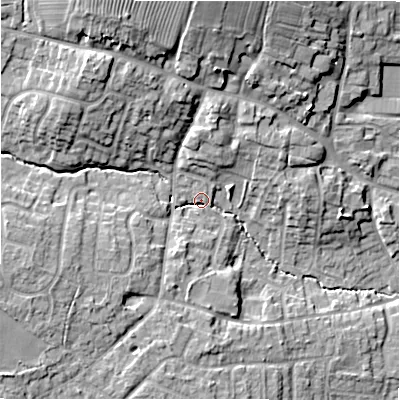 Shaded relief map of the ground around DE138JJ, computed from Environment Agency LiDAR. The ground here sits at about 59 m above sea level and falls 17 m across the surrounding 800 m. Surface water reaching this point runs off ground lying to the north-north-west, 12.7 m higher.