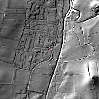 Shaded relief map of the ground around DE138NH, computed from Environment Agency LiDAR. The ground here sits at about 61 m above sea level and falls 29 m across the surrounding 800 m. Surface water reaching this point runs off ground lying to the west-north-west, 16.3 m higher.