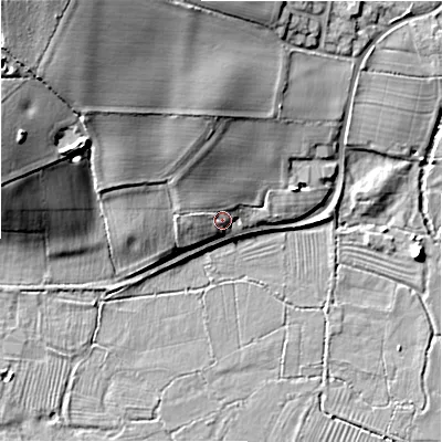 Shaded relief map of the ground around DE138NJ, computed from Environment Agency LiDAR. The ground here sits at about 62 m above sea level and falls 22 m across the surrounding 800 m. Surface water reaching this point runs off ground lying to the north-north-west, 6.2 m higher.