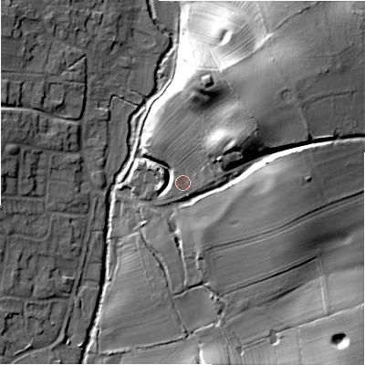 Shaded relief map of the ground around DE138NN, computed from Environment Agency LiDAR. The ground here sits at about 70 m above sea level and falls 35 m across the surrounding 800 m. Surface water reaching this point runs off ground lying to the north-east, 23.9 m higher.