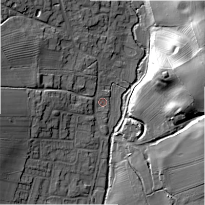 Shaded relief map of the ground around DE138NQ, computed from Environment Agency LiDAR. The ground here sits at about 62 m above sea level and falls 35 m across the surrounding 800 m. Surface water reaching this point runs off ground lying to the west, 14.2 m higher.