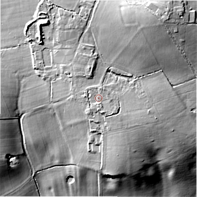 Shaded relief map of the ground around DE138NT, computed from Environment Agency LiDAR. The ground here sits at about 90 m above sea level and falls 25 m across the surrounding 800 m. Surface water reaching this point runs off ground lying to the south, 1.1 m higher.