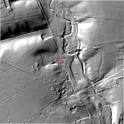 Shaded relief map of the ground around DE138PG, computed from Environment Agency LiDAR. The ground here sits at about 74 m above sea level and falls 30 m across the surrounding 800 m. Surface water reaching this point runs off ground lying to the west, 23.2 m higher.