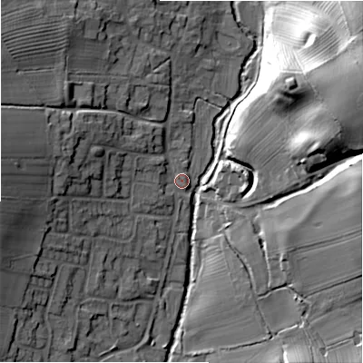 Shaded relief map of the ground around DE138PN, computed from Environment Agency LiDAR. The ground here sits at about 62 m above sea level and falls 35 m across the surrounding 800 m. Surface water reaching this point runs off ground lying to the west, 14.6 m higher.
