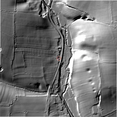 Shaded relief map of the ground around DE138PQ, computed from Environment Agency LiDAR. The ground here sits at about 68 m above sea level and falls 27 m across the surrounding 800 m. Surface water reaching this point runs off ground lying to the west-north-west, 20.3 m higher.