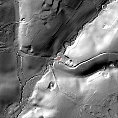 Shaded relief map of the ground around DE138RA, computed from Environment Agency LiDAR. The ground here sits at about 92 m above sea level and falls 35 m across the surrounding 800 m. Surface water reaching this point runs off ground lying to the east, 29.6 m higher.