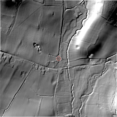 Shaded relief map of the ground around DE138RD, computed from Environment Agency LiDAR. The ground here sits at about 86 m above sea level and falls 36 m across the surrounding 800 m. Surface water reaching this point runs off ground lying to the north-west, 29.7 m higher.